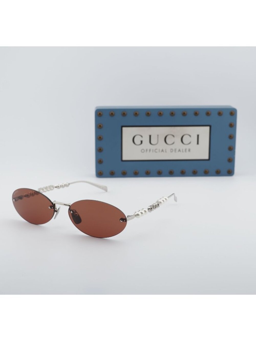 Gucci GG1922S 002 Oval Sunglasses - Shiny Silver with Pearl/Brown